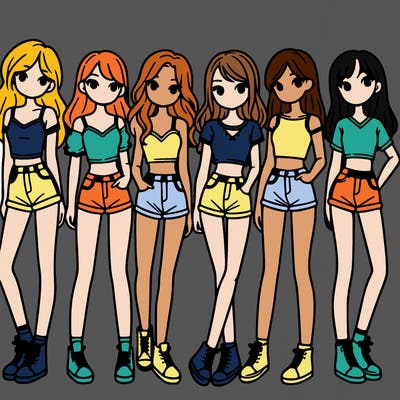 a group of girls wearing crop tops and shorts