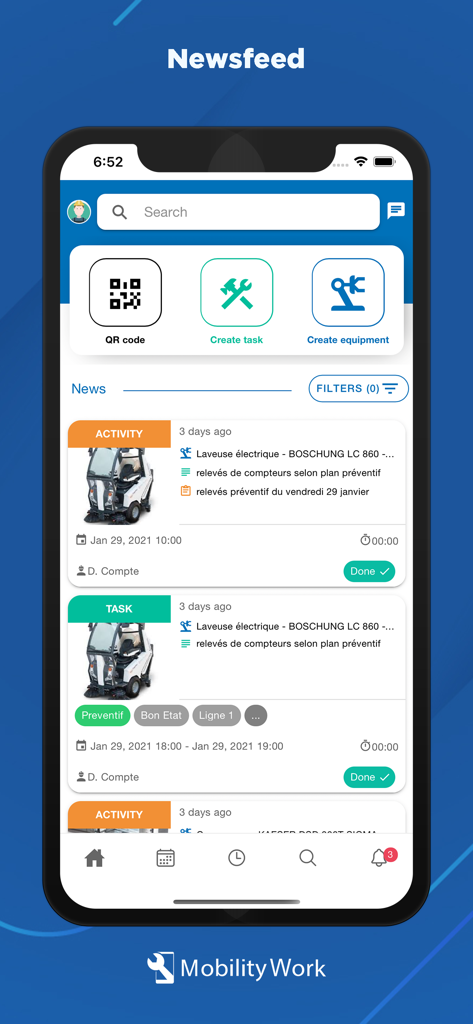 Mobility Work - Capture d'écran du flux d'actualités de l'application Mobility Work, montrant les tâches de maintenance industrielle et l'activité des équipements.