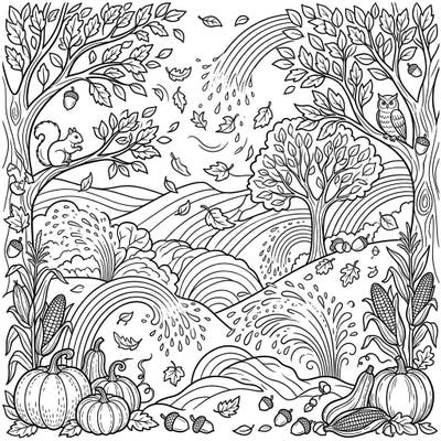Celebrate the cozy charm of fall with this enchanting coloring page, where vibrant rainbow sprays meet bountiful autumn harvests. Find whimsical details like playful squirrels, wise owls, and plump pumpkins ready for your creative touch.
