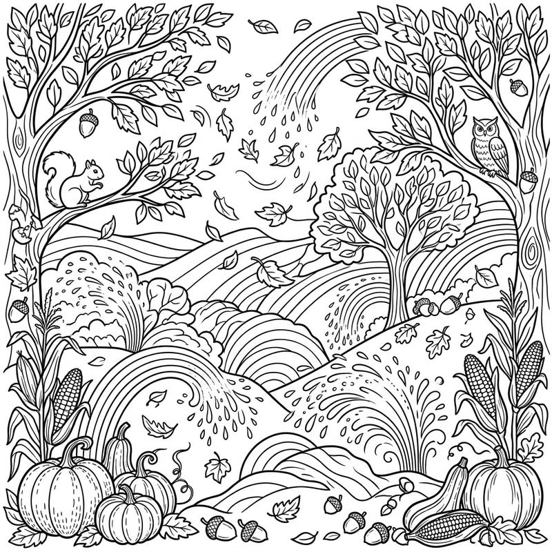 Celebrate the cozy charm of fall with this enchanting coloring page, where vibrant rainbow sprays meet bountiful autumn harvests. Find whimsical details like playful squirrels, wise owls, and plump pumpkins ready for your creative touch.