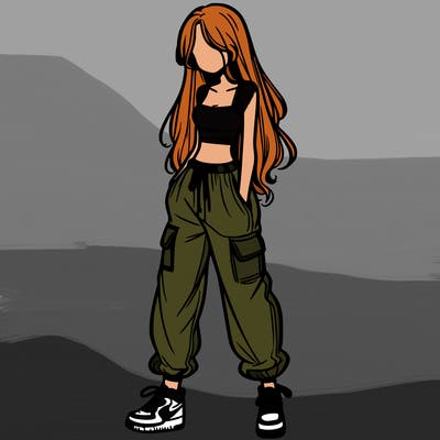 girl in baggy pants crop top and long hair