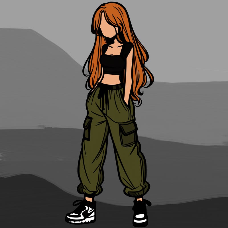 girl in baggy pants crop top and long hair