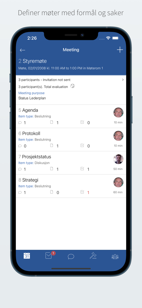 Styreplan3 - Styreplan app interface showing a board meeting agenda with sections for discussion and decision making