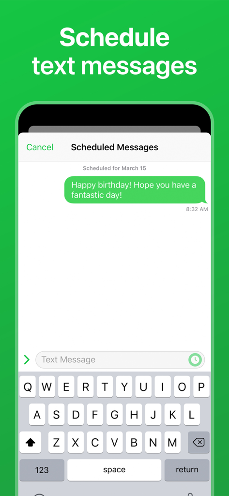 Interface of the Second Line app showing a scheduled birthday text message