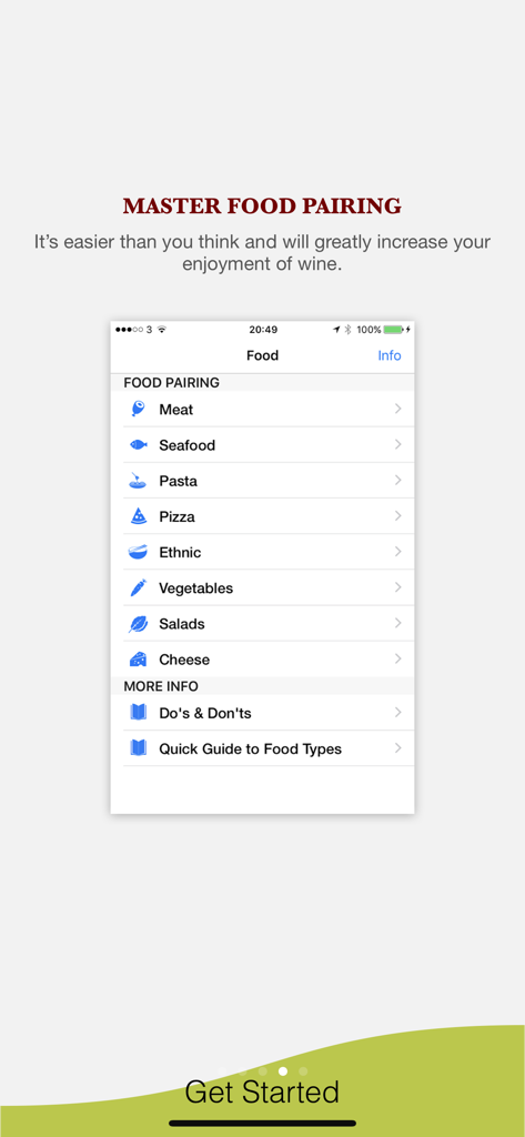 Uma captura de tela do aplicativo Pocket Wine mostrando um menu de harmonização de alimentos com categorias como carne frutos do mar massas e queijo