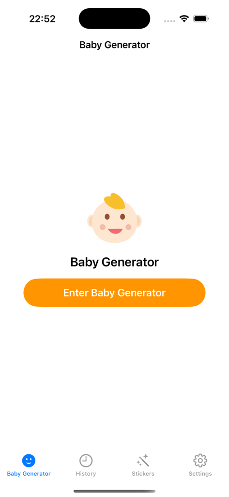Écran d'accueil de l'application Ai Baby Generator montrant une jolie icône de bébé et un bouton Entrer dans le générateur de bébés.