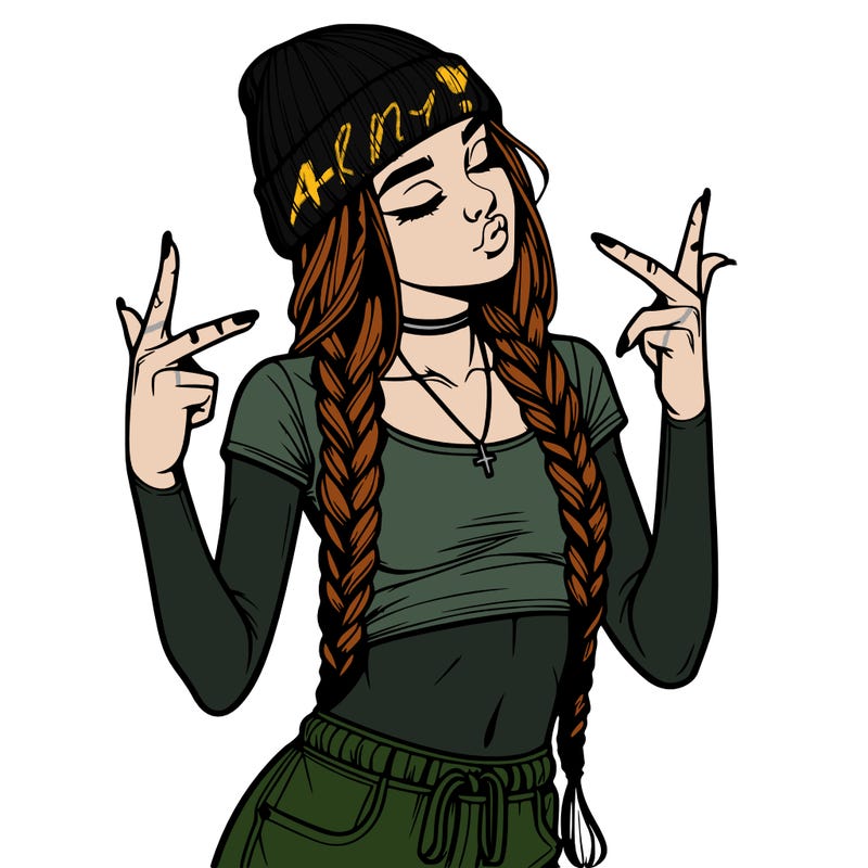 realistic teenage girl with braids and a beanie and crop top doing 🫶🏼