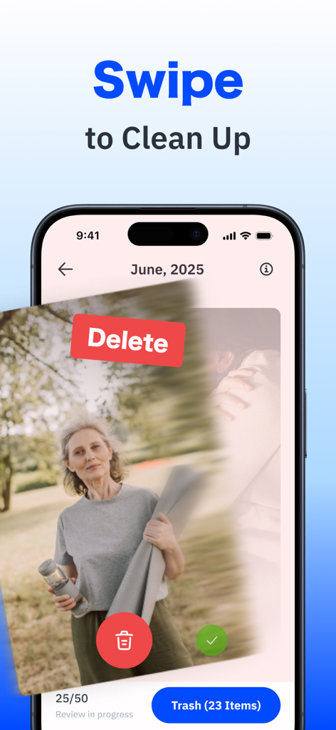 Boost Cleaner: Cleanup Storage - iPhone screen showing a photo being swiped to delete in the Boost Cleaner storage management app