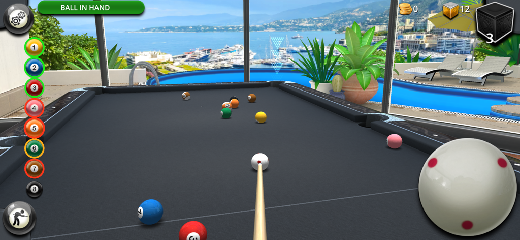 Tournament Pool - Gameplay screenshot of Tournament Pool showing a 3D billiards table on a luxury balcony with a harbor view