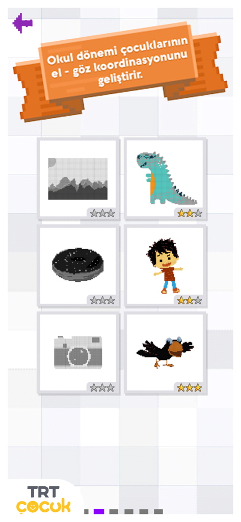 Schermata della galleria dell'app TRT Pixel Coloring con varie icone di pixel art tra cui i bambini possono scegliere