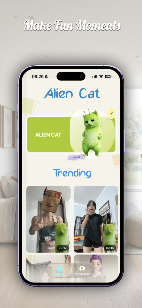 Green Alien Cat Dance Filter - Interface of the Green Alien Cat Dance Filter app showing the character selection and a gallery of trending dance videos