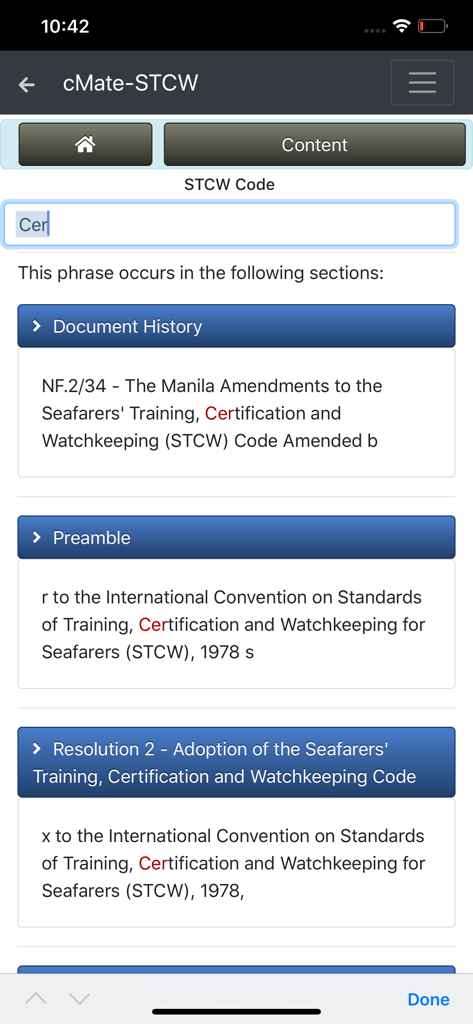 cMate-STCW - Search interface of cMate-STCW app showing maritime regulations and certification documents