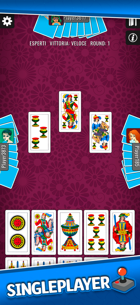 Traversone Più - Card Games - Una sessione di gioco in modalità singola di Traversone Più che mostra carte regionali italiane tradizionali su uno sfondo viola decorato.