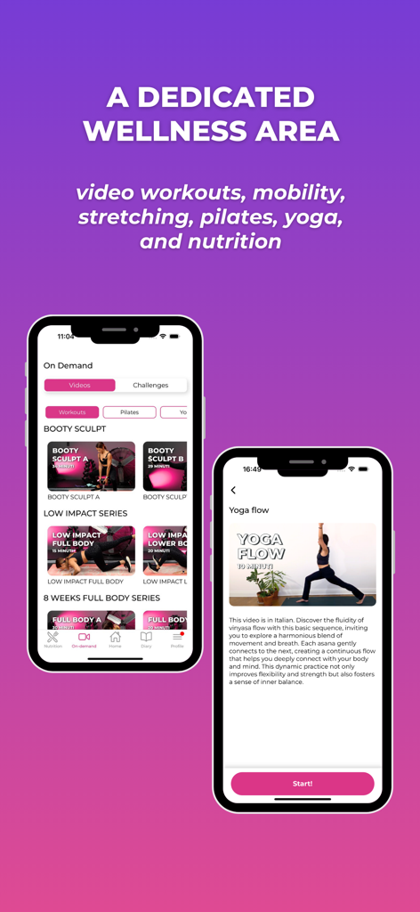 GetStronger: Fitness for Women - Captura de pantalla del área de bienestar dedicada de la aplicación GetStronger que muestra yoga y videos de entrenamiento a pedido para mujeres.