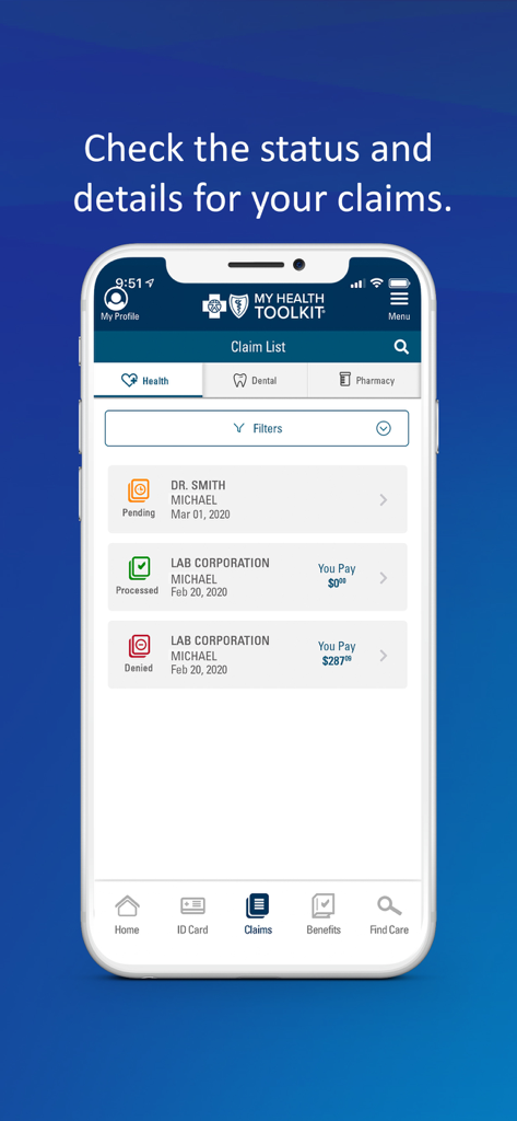 Screenshot of the My Health Toolkit app showing a list of medical claims with their processing status.