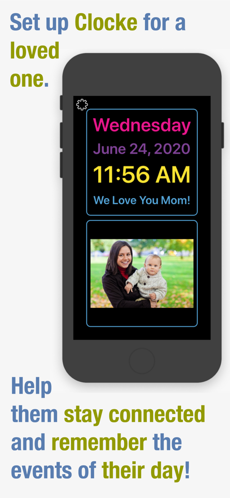 Clocke - Interface do aplicativo Clocke em um smartphone exibindo hora, data, uma mensagem pessoal e uma foto de família para suporte de memória de idosos