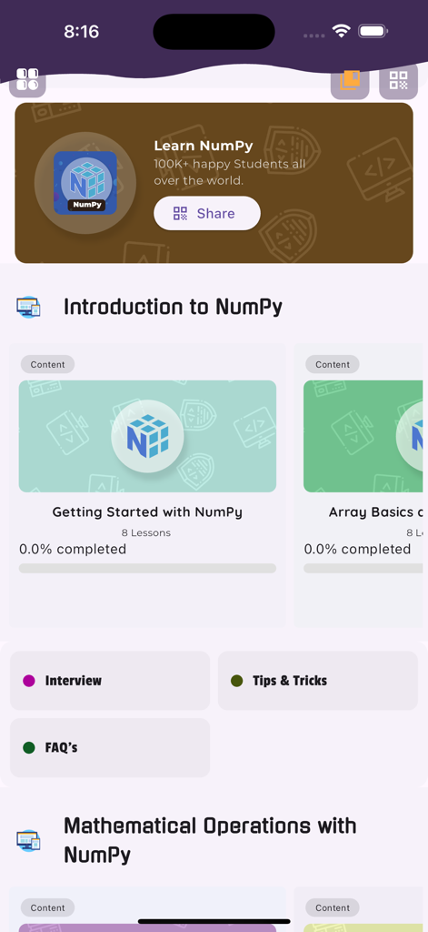 Learn NumPy - Panel móvil de la aplicación Learn NumPy que muestra módulos de lecciones y secciones de preparación para entrevistas