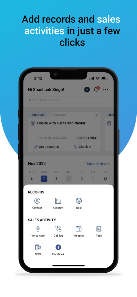 Freshsales - Interfaccia dell'app mobile Freshsales che mostra le opzioni per aggiungere record di vendita e attività