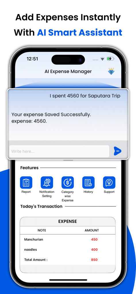 Expense Tracker - Daily Spend - Smartphone screen of Expense Tracker app showing an AI assistant logging a travel expense and a daily transaction list