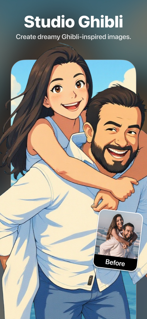 Cartoonizer: AI Cartoon Maker - A photo of a couple transformed into a Studio Ghibli inspired anime illustration.