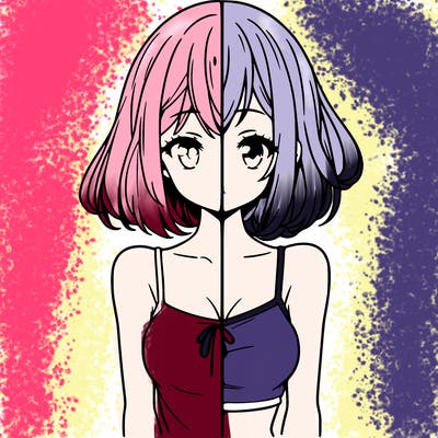anime girl split one side has short hair to her shoulders and the other has long hair to her knees