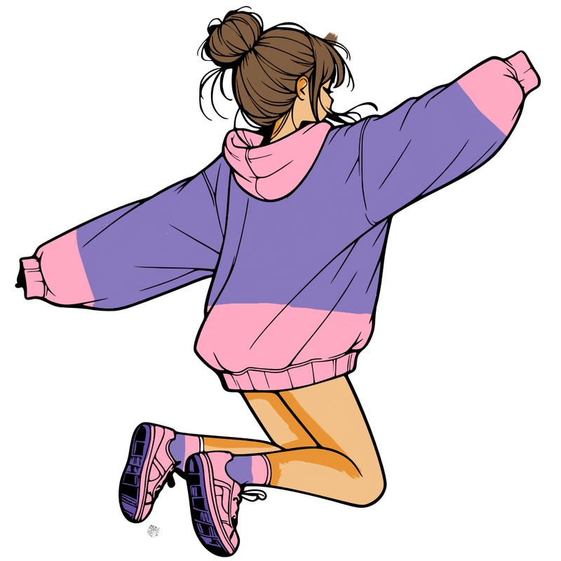 realistic girl jumping with a bun and oversized sweatshirt