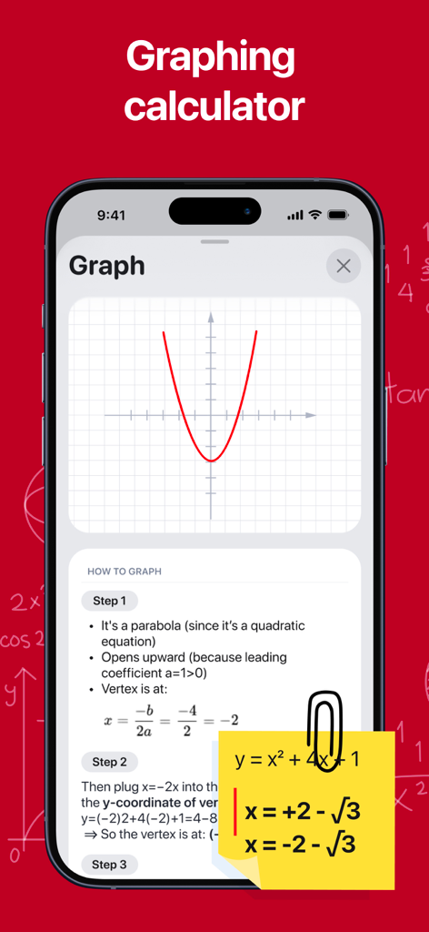 MathGPT Math Solver & Homework - MathGPT app showing a graphing calculator with a parabola and step by step math solutions