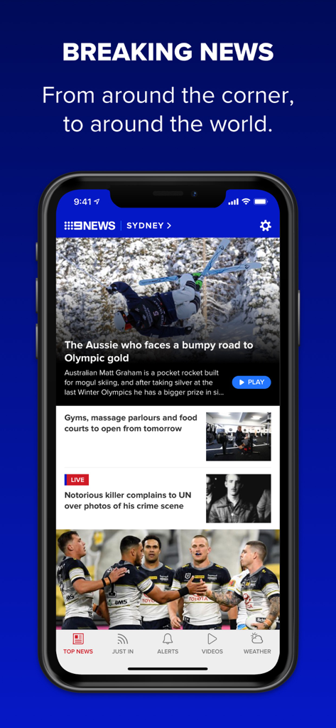 Smartphone screen displaying the 9NEWS app with breaking news headlines and sports coverage.