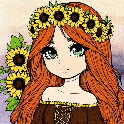 realistic girl with long hair and sunflower crown