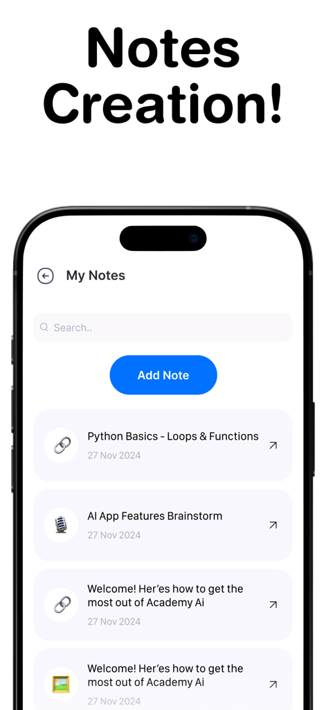 Academi AI: Study & Exam Tutor - Academi AI app interface showing the My Notes screen with a list of organized study documents and an Add Note button