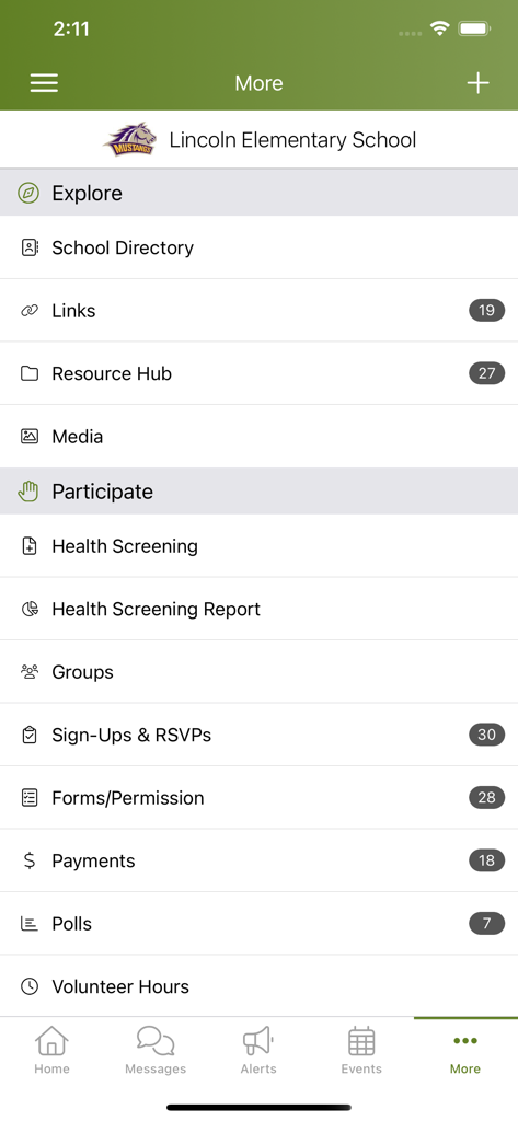 ParentSquare - ParentSquare app interface showing the More menu with options for school directory payments and permission forms