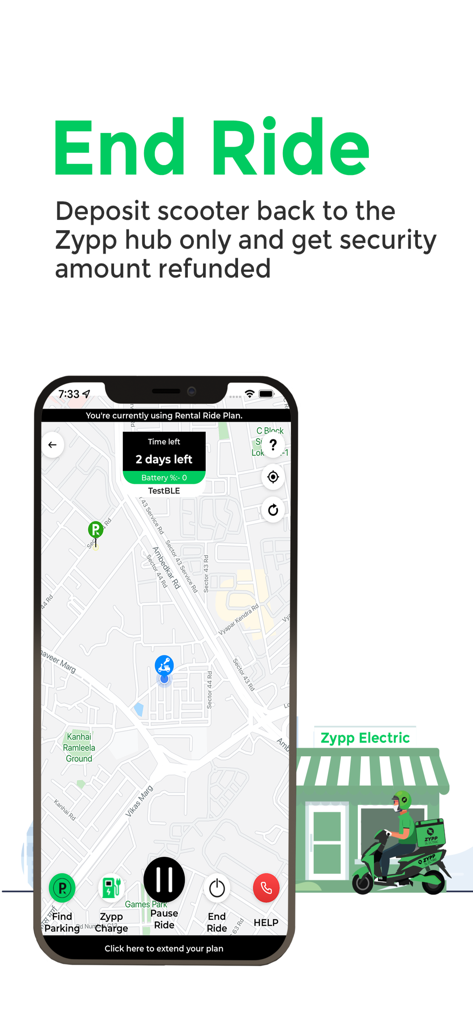Zypp Electric app screen showing a map interface and instructions for returning a rented scooter to a hub.