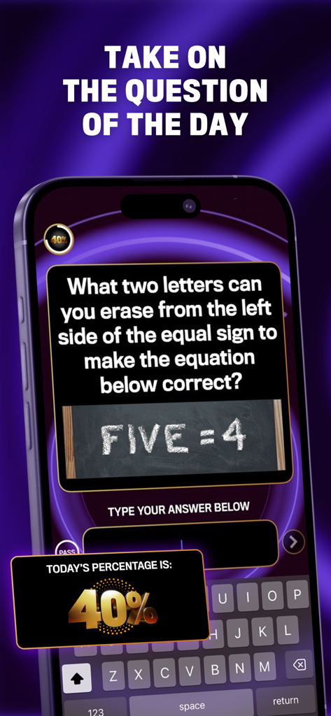 The 1% Club TV Show Quiz Game - A mobile screen showing a logic question from The 1% Club app with a keyboard to input the answer.