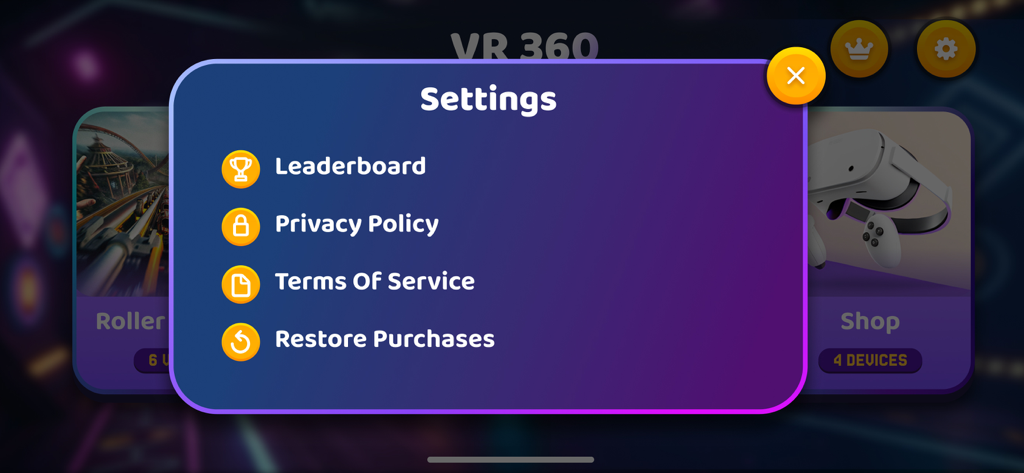Tela de configurações do aplicativo VR 360, mostrando opções para placar e política de privacidade.