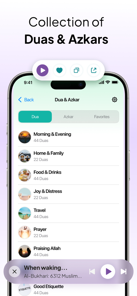Al Siraat app screen displaying a categorized collection of Duas and Azkars with an integrated audio player.