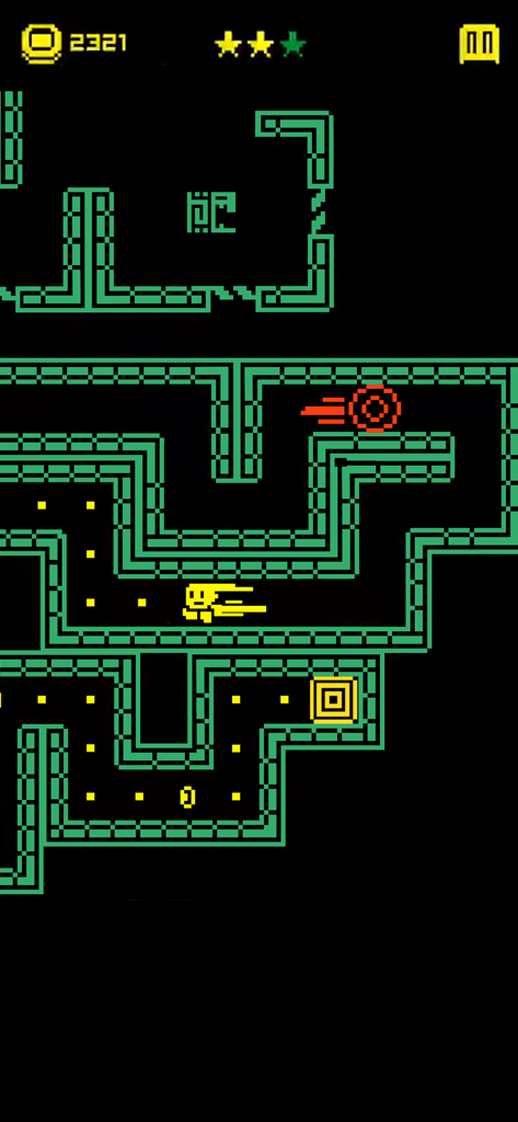 Retro pixel art gameplay of a yellow character navigating a neon green vertical labyrinth with traps