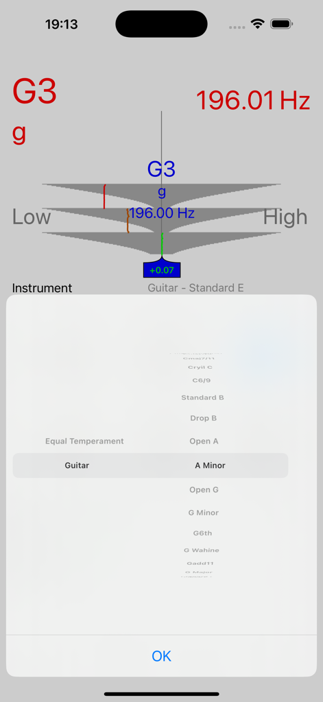 Interface of the Precise Guitar Tuner app showing a frequency reading of 196.01 Hz and a selection menu for various tuning styles like A Minor and Open G.