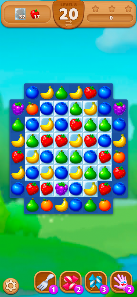 Fruits Mania:Belle's Adventure - Un tablero de puzzle Match-3 colorido con varias frutas como fresas y plátanos en Fruits Mania La Aventura de Belle.