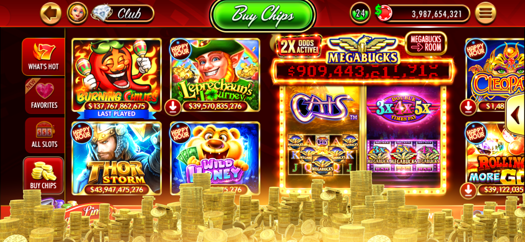 DoubleDown Casino game lobby showing various slot machine titles like Cats and Thor Storm with piles of gold coins