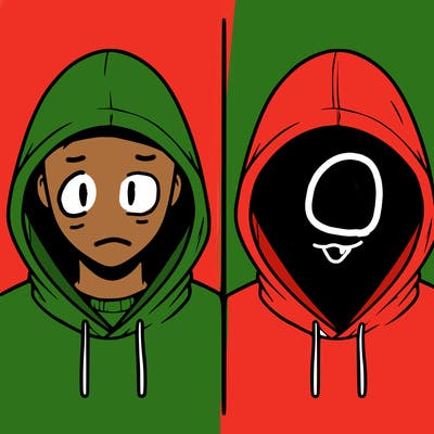 a person with a hoodie and no face, the drawing is split in 2