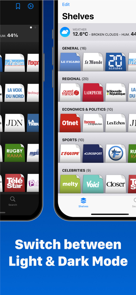 French Newspapers - Interfaz de la aplicación Periódicos franceses que muestra las opciones de modo claro y oscuro para navegar por las categorías de noticias