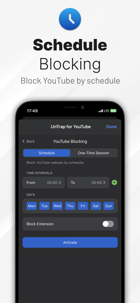 UnTrap for YouTube - UnTrap for YouTube schedule blocking feature interface on iPhone