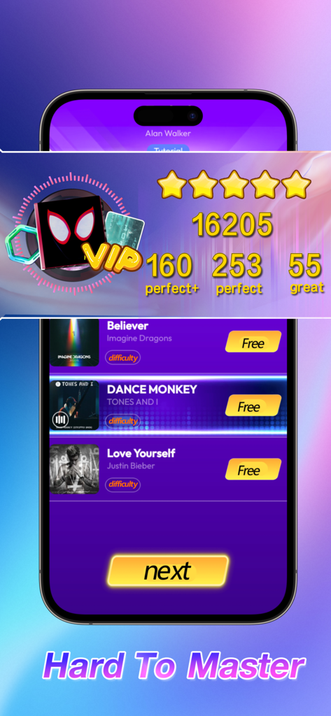 Rhythm Rush 2 game screen showing score summary and popular song selection list