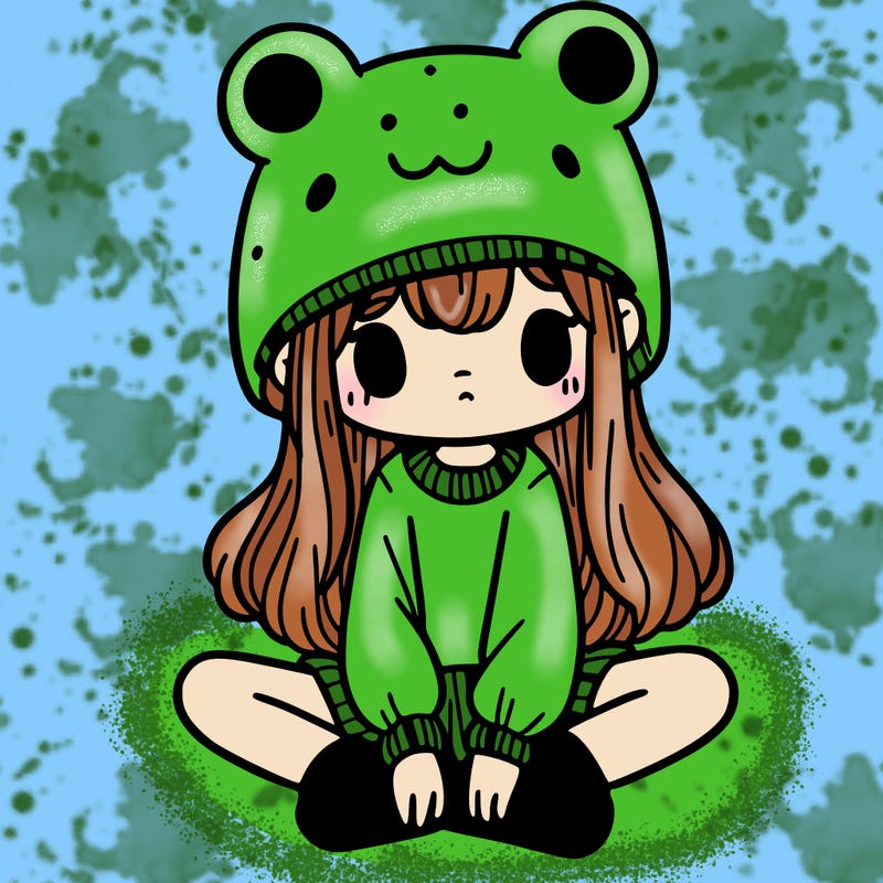 a girl wearing a frog hat and some frog socks