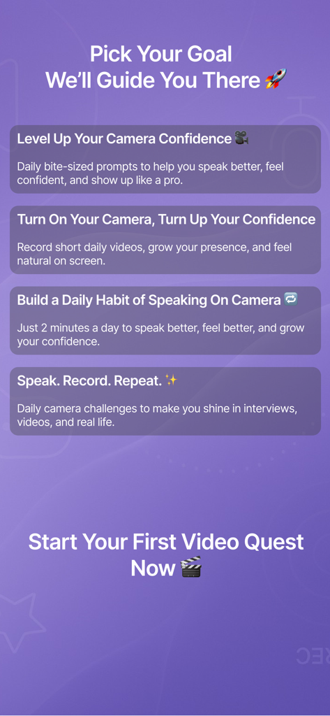 Talk To Cam: Confidence App - Una pantalla en la aplicación Talk To Cam que muestra diferentes objetivos para desarrollar confianza ante la cámara, como hábitos de habla diarios y desafíos de video.