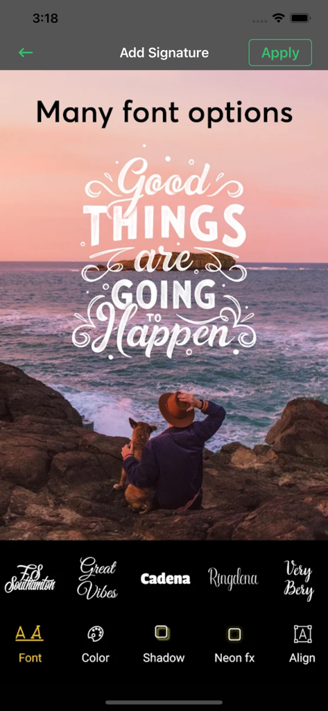 Word Swag-Text with Cool Fonts - Word Swag app showing font selection for an inspirational quote over a photo of a person and a dog by the ocean.