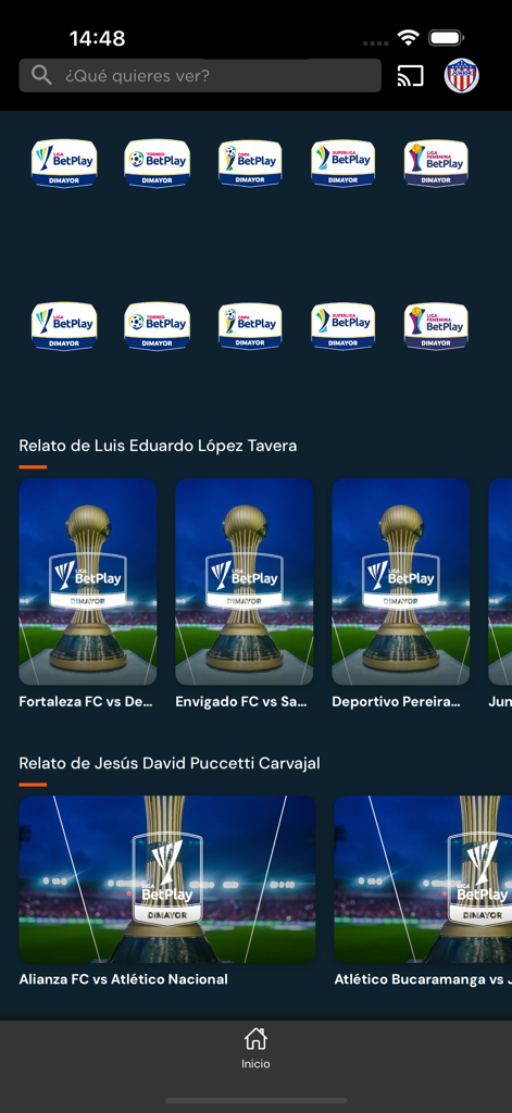 Interfaz de la aplicación móvil Win Play con ligas y partidos de fútbol colombiano