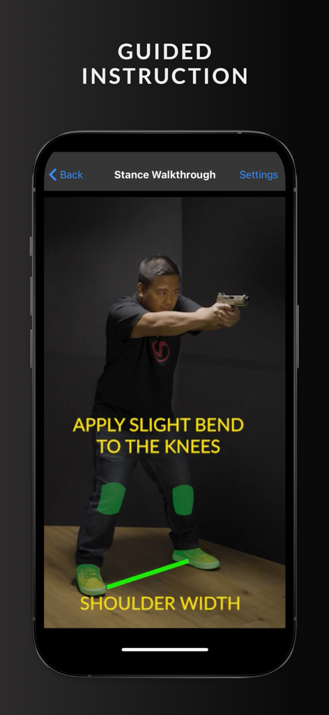 Mantis Laser Academy - Guided shooting stance walkthrough in the Mantis Laser Academy app showing knee bend and shoulder width positioning.