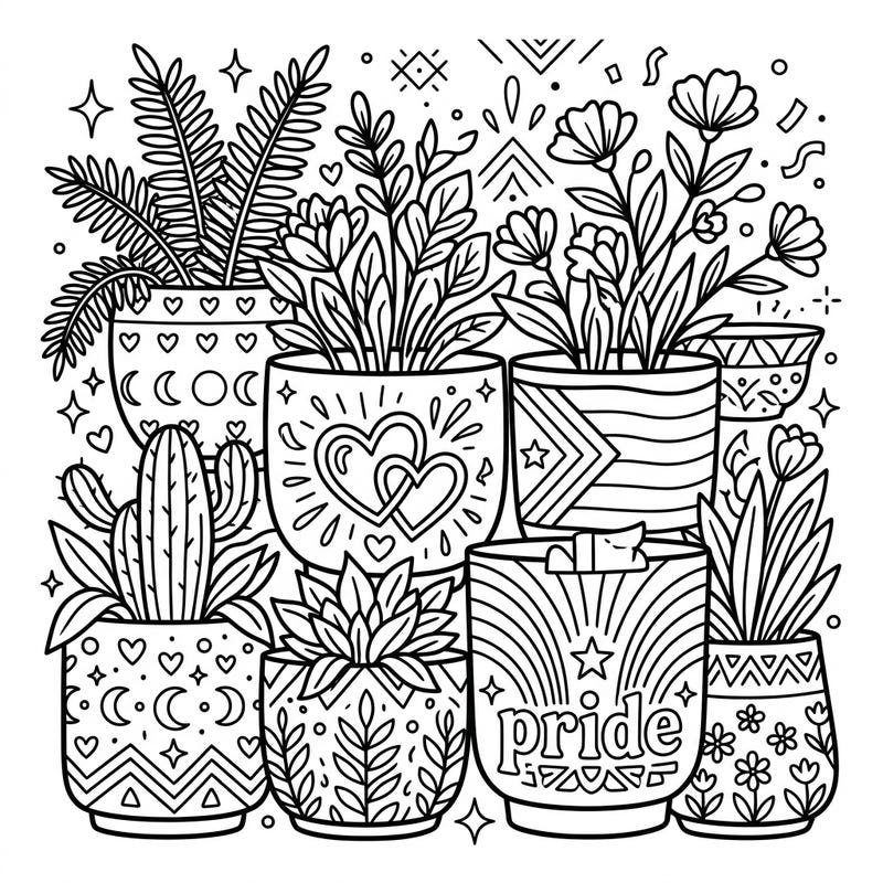Immerse yourself in a world of vibrant creativity with this Pride-themed coloring page, showcasing a charming array of decorative cachepots. Each pot is adorned with symbols of love, diversity, and community, ready for your personal touch.
