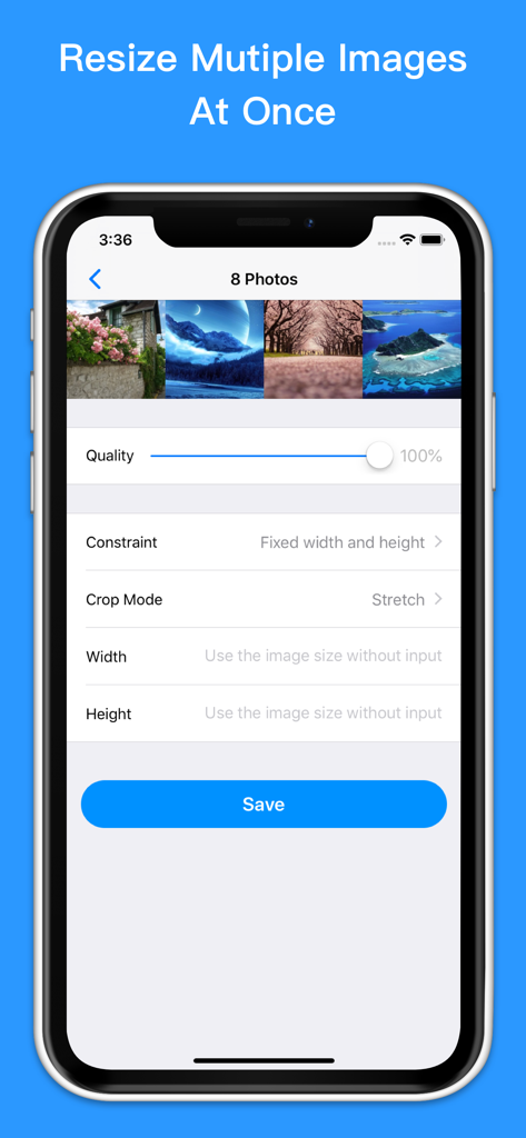 Interface de aplicativo móvel mostrando configurações para redimensionar várias imagens de uma vez com opções de qualidade, restrições e dimensões.